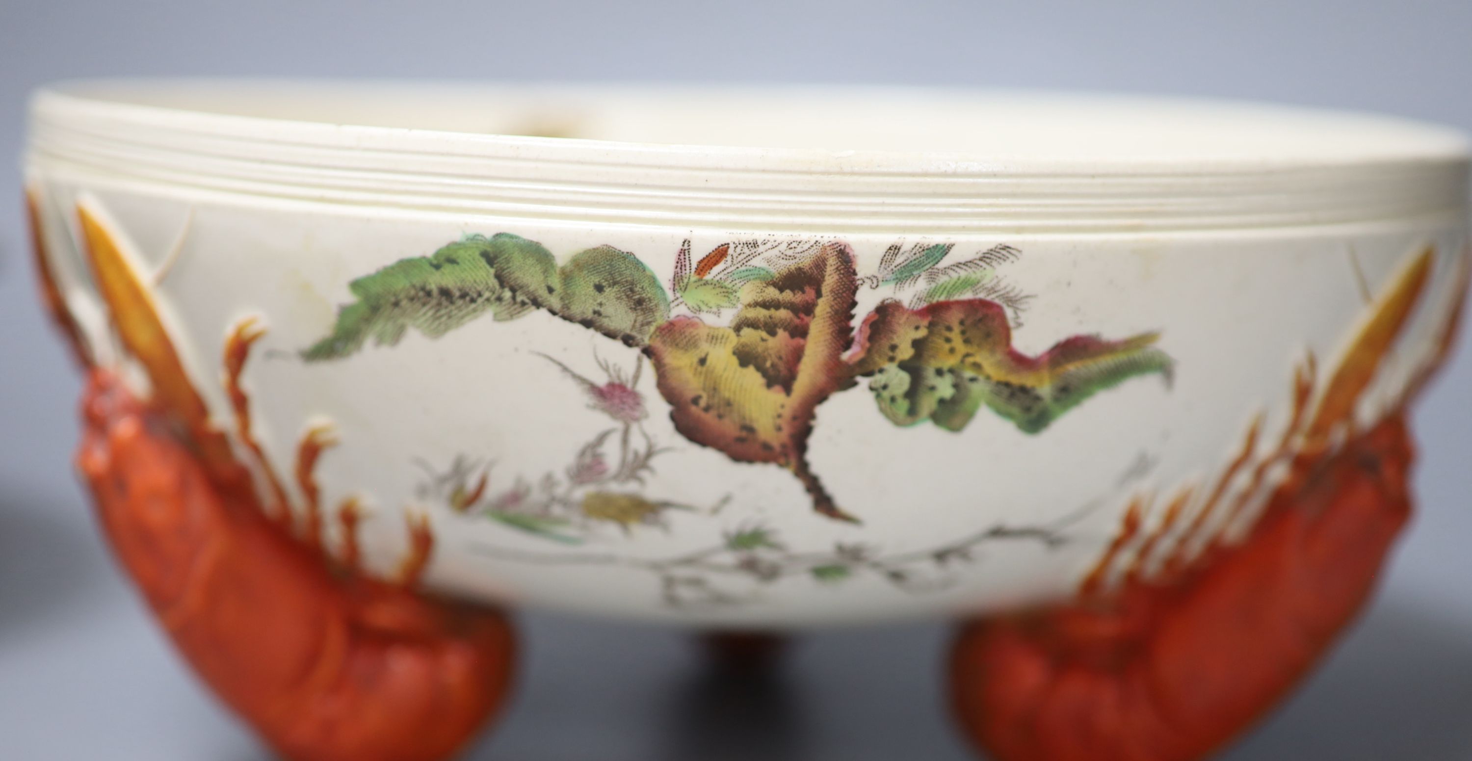 A Wedgwood majolica dolphin footed dish, a lobster footed bowl and an oval tray (3)